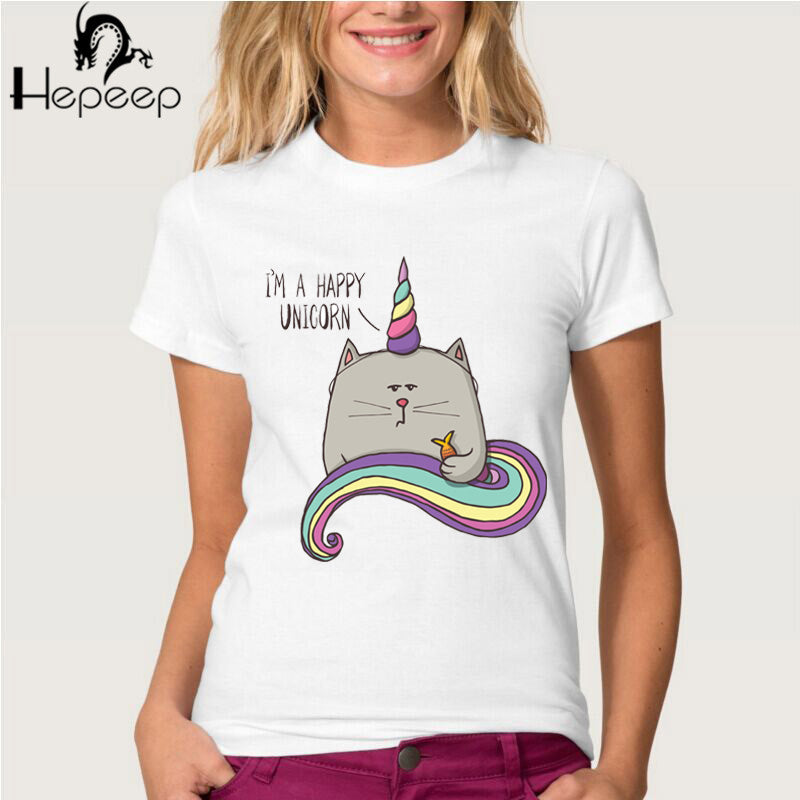 Hopuptee brand+I'm happy unicorn cat print T Shirt