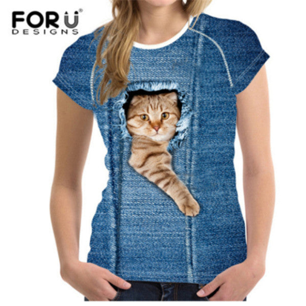 Cute 3D Animal Denim Cat T Shirt for Women