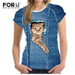 Cute 3D Animal Denim Cat T Shirt for Women
