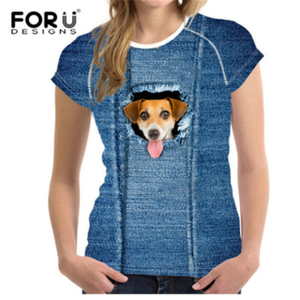 Cute 3D Animal Denim Cat T Shirt for Women
