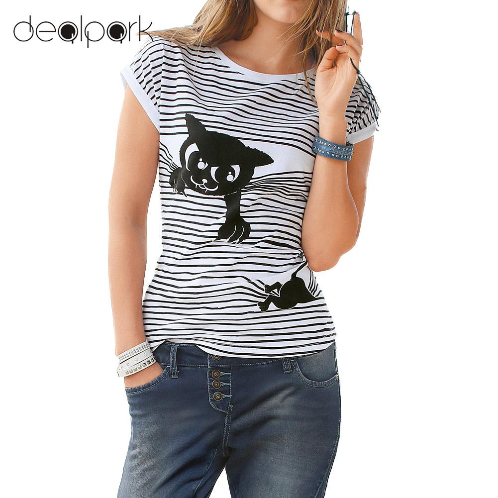 Stripes Cat Animal Print Short Batwing Sleeve Round T-shirt