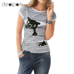 Stripes Cat Animal Print Short Batwing Sleeve Round T-shirt