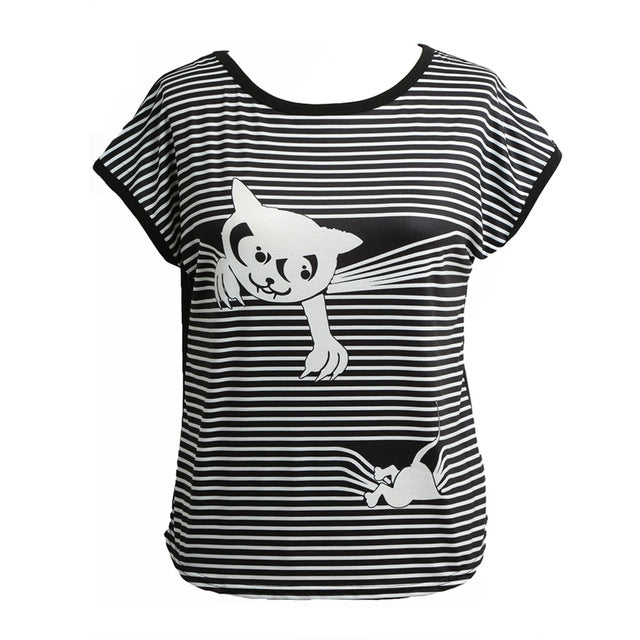 Stripes Cat Animal Print Short Batwing Sleeve Round T-shirt