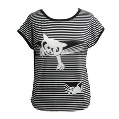 Stripes Cat Animal Print Short Batwing Sleeve Round T-shirt