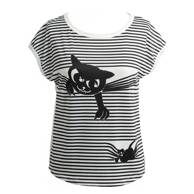 Stripes Cat Animal Print Short Batwing Sleeve Round T-shirt