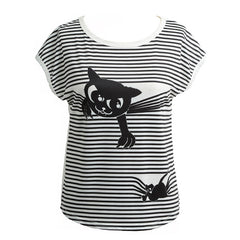 Stripes Cat Animal Print Short Batwing Sleeve Round T-shirt