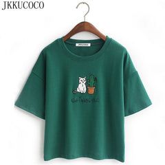 Embroidery Cat Cactus casual t shirt