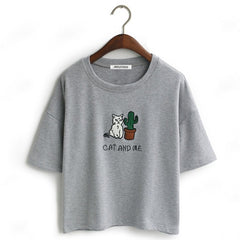 Embroidery Cat Cactus casual t shirt