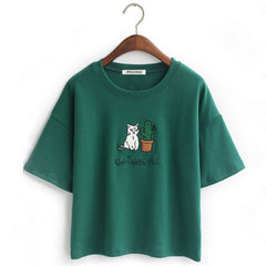 Embroidery Cat Cactus casual t shirt