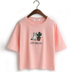 Embroidery Cat Cactus casual t shirt