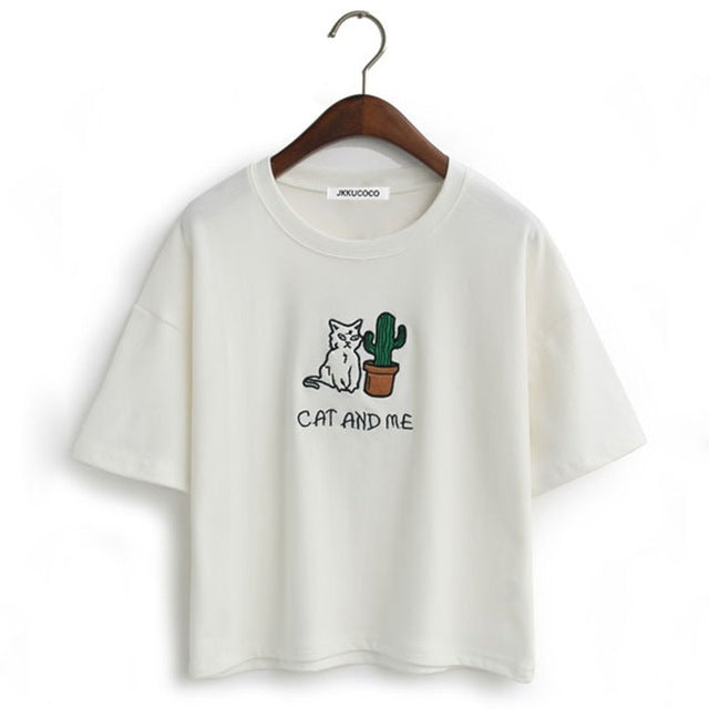 Embroidery Cat Cactus casual t shirt