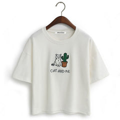 Embroidery Cat Cactus casual t shirt