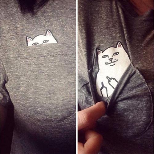 Funny Middle Finger White Cat in Pocket T-shirts