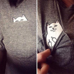 Funny Middle Finger White Cat in Pocket T-shirts