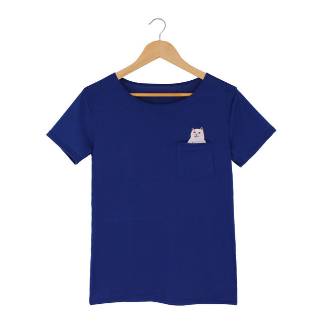 Funny Middle Finger White Cat in Pocket T-shirts
