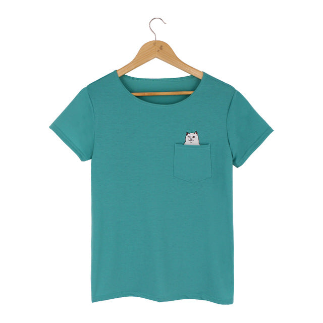 Funny Middle Finger White Cat in Pocket T-shirts