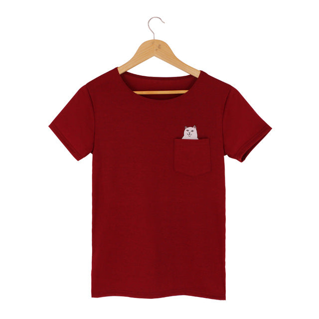Funny Middle Finger White Cat in Pocket T-shirts