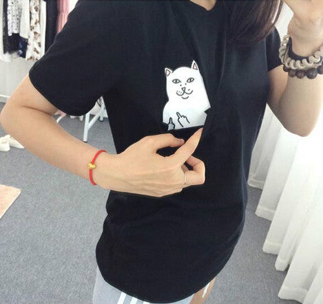 Funny Middle Finger White Cat in Pocket T-shirts
