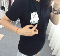 Funny Middle Finger White Cat in Pocket T-shirts