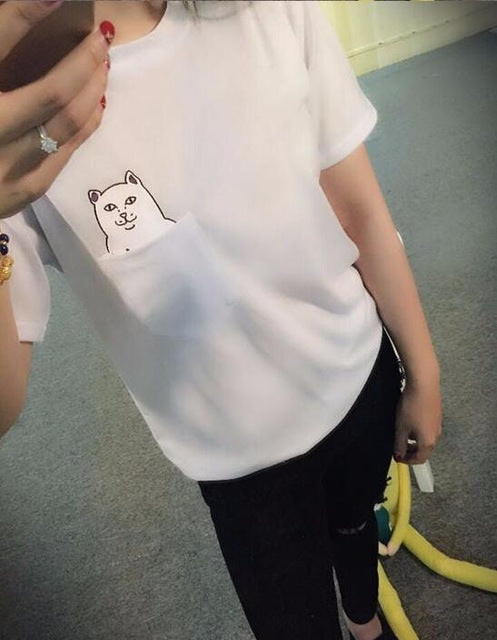 Funny Middle Finger White Cat in Pocket T-shirts