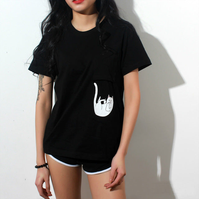 Funny Middle Finger White Cat in Pocket T-shirts