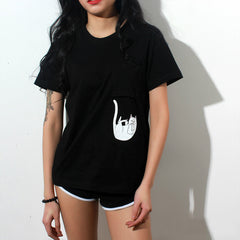 Funny Middle Finger White Cat in Pocket T-shirts