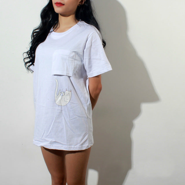 Funny Middle Finger White Cat in Pocket T-shirts