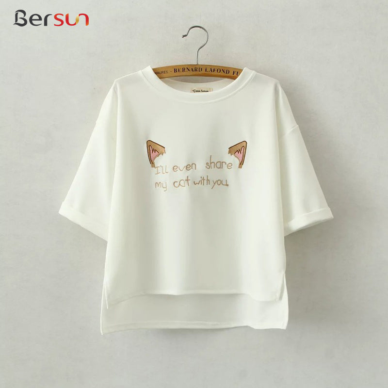 Cartoon Cute Cats Ears Embroidered  Tops Tees