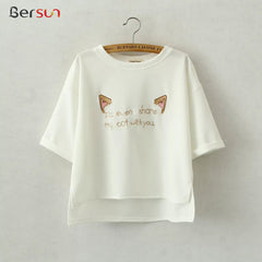 Cartoon Cute Cats Ears Embroidered  Tops Tees