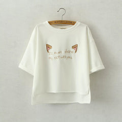 Cartoon Cute Cats Ears Embroidered  Tops Tees