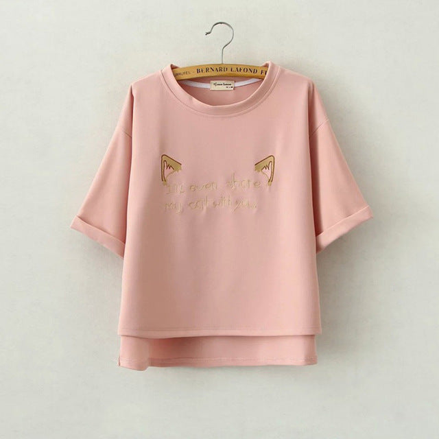 Cartoon Cute Cats Ears Embroidered  Tops Tees