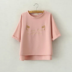 Cartoon Cute Cats Ears Embroidered  Tops Tees