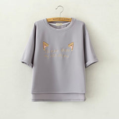 Cartoon Cute Cats Ears Embroidered  Tops Tees