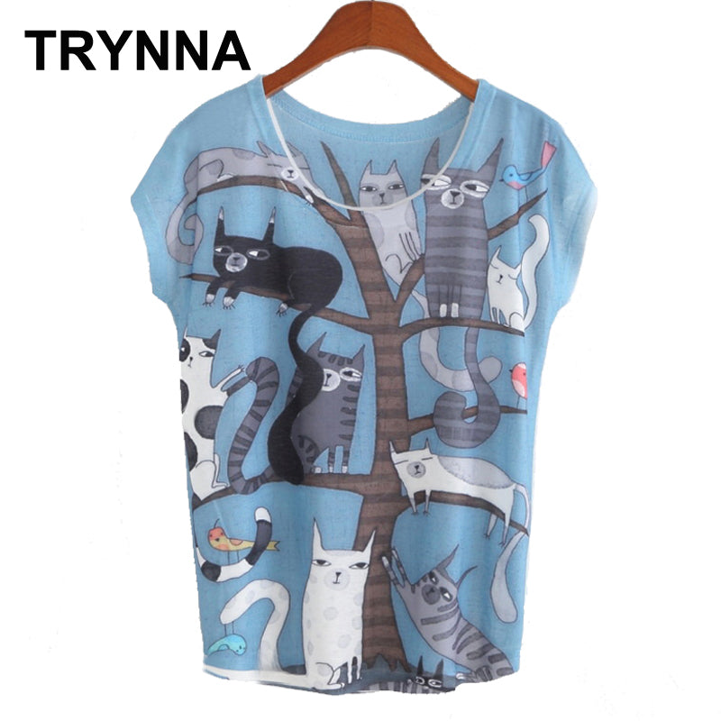 Blue Short Sleeved T-shirt Cat Family Digital Printing T Shirt