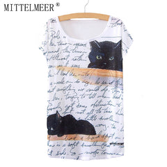 Short Sleeve t-shirt o-neck Causal loose print Black Cat t shirt