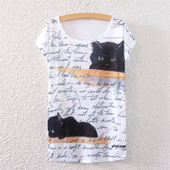 Short Sleeve t-shirt o-neck Causal loose print Black Cat t shirt