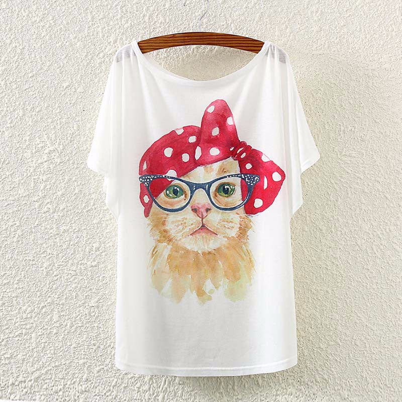 Causal loose Bow Cat t shirt Summer tops for women