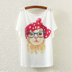 Causal loose Bow Cat t shirt Summer tops for women