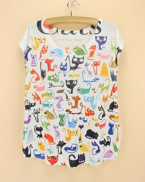 cats printing top tees for girls