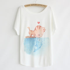 Cat kiss Fish print Top Tees