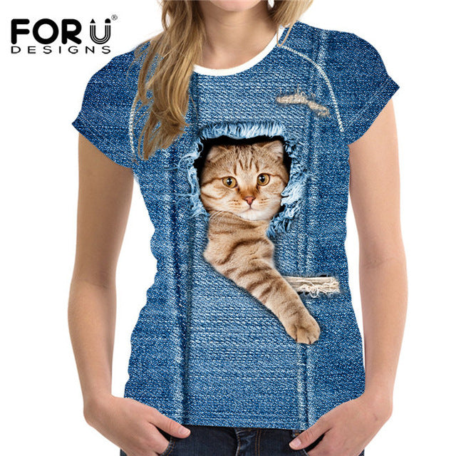 3D Black Cat Female T-shirts for Women