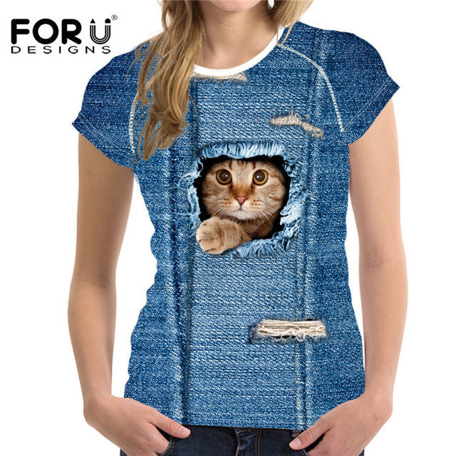 3D Black Cat Female T-shirts for Women