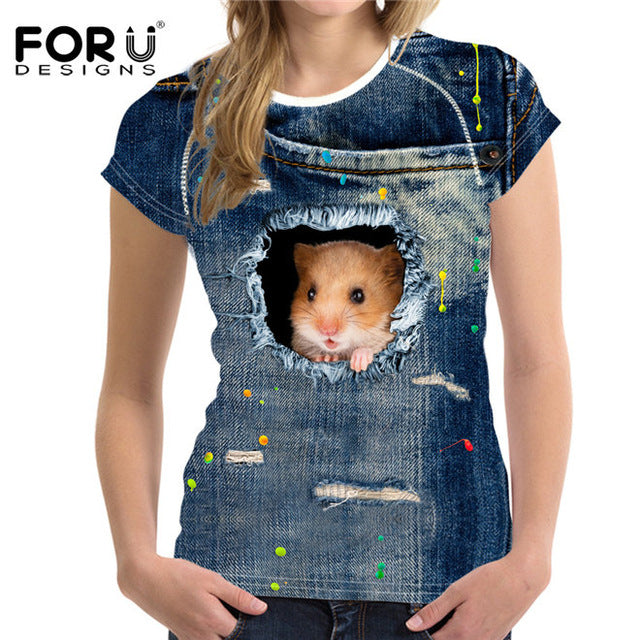 3D Black Cat Female T-shirts for Women