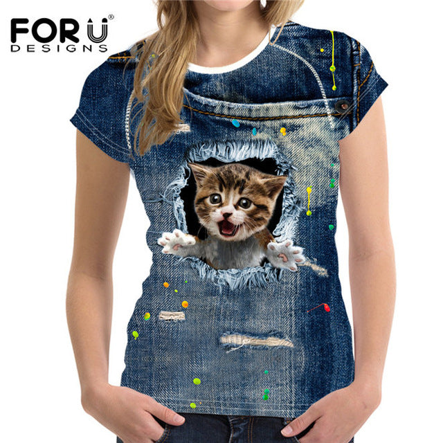 3D Black Cat Female T-shirts for Women