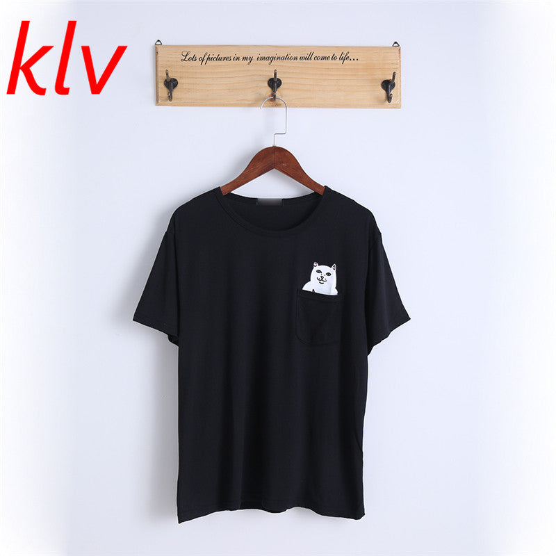 Middle Finger Pocket Cat O-neck Short Sleeve Cotton Couple Tee