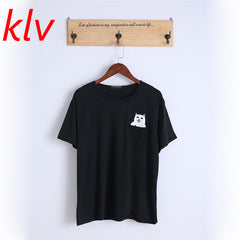 Middle Finger Pocket Cat O-neck Short Sleeve Cotton Couple Tee