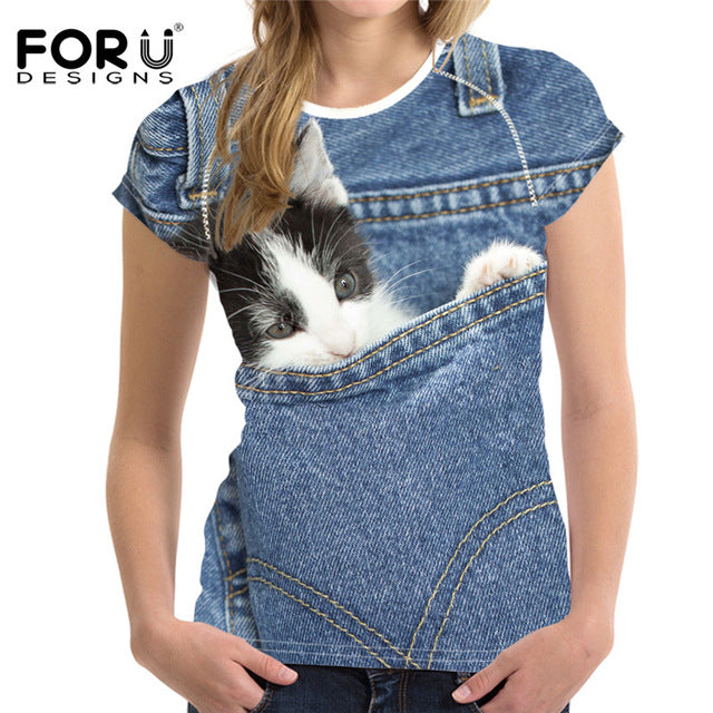 Cute 3D Animal Denim Cat T Shirt for Women
