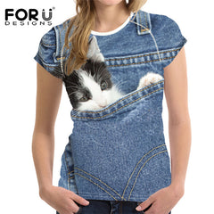 Cute 3D Animal Denim Cat T Shirt for Women