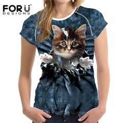 Cute 3D Animal Denim Cat T Shirt for Women