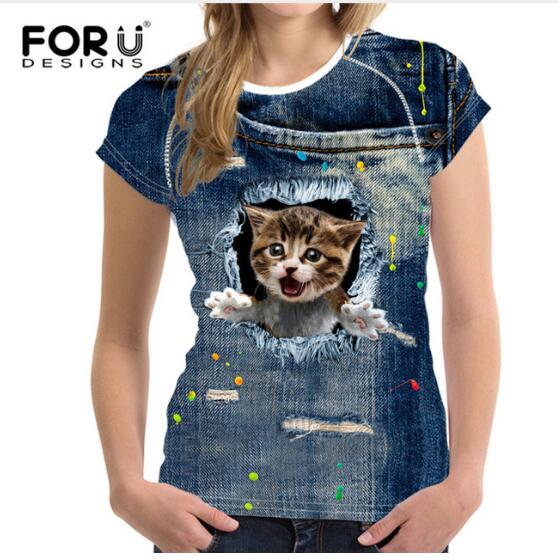 Cute 3D Animal Denim Cat T Shirt for Women